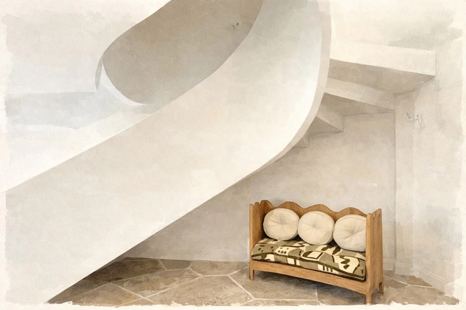 Wooden bench with patterned cushion and three round pillows, situated against a plain wall in a minimalist room with tiled floor.