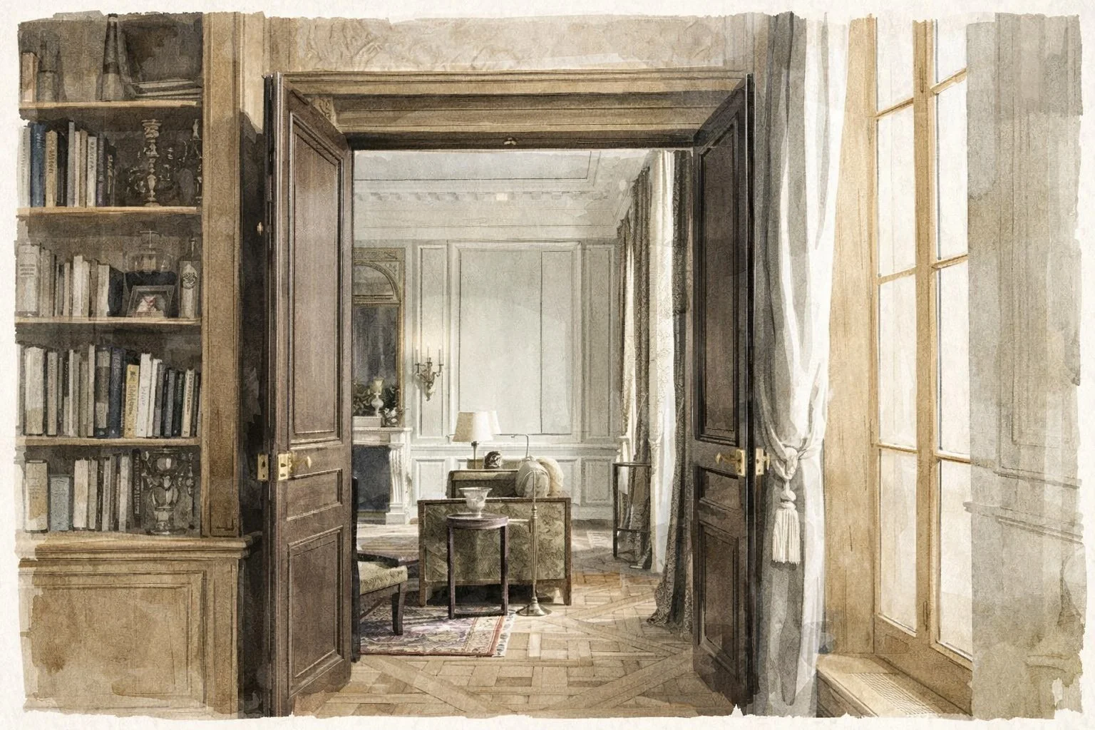 A watercolor of an elegant, well-lit room with tall windows and curtains, a bookshelf on the left filled with books, and a sitting area with a sofa, side tables, and lamps in the background.