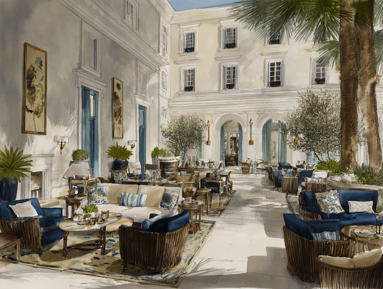 Painting of an elegant outdoor courtyard with white walls, tall windows, green potted plants, and comfortable seating with blue and beige cushions.
