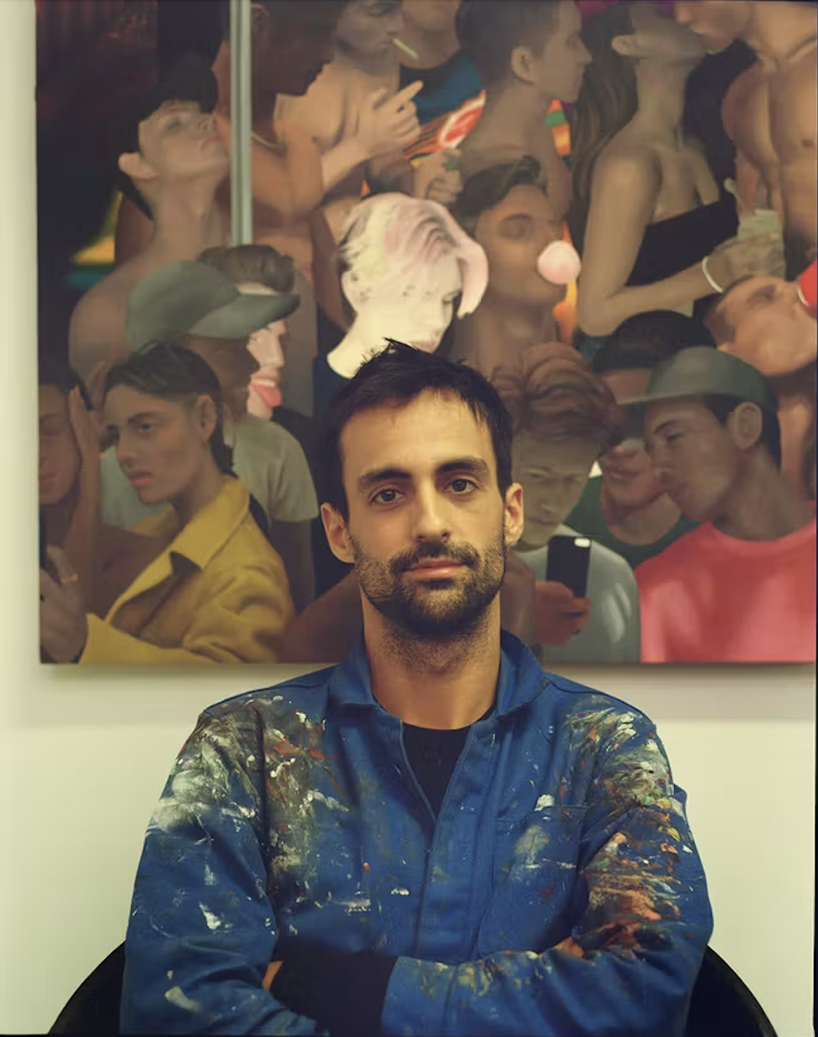 A man with dark hair and beard, wearing a blue artist's smock with colorful paint splatters, seated with arms crossed in front of a large colorful artwork featuring multiple young people.