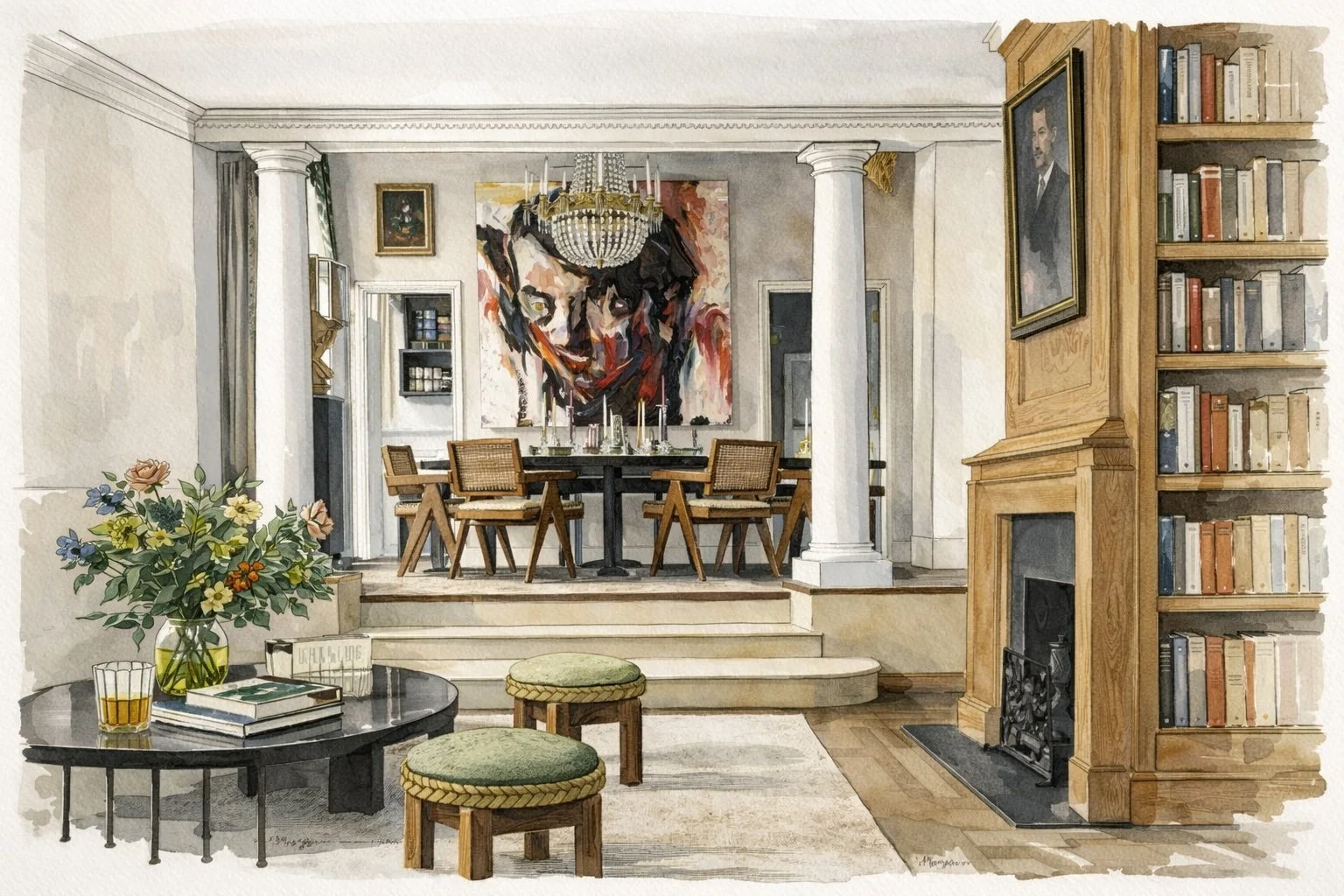 Living room with a round coffee table, shelves with books, a fireplace, a large painting of a woman's face, and a chandelier, with a chandelier, columns, and a dining table with chairs.