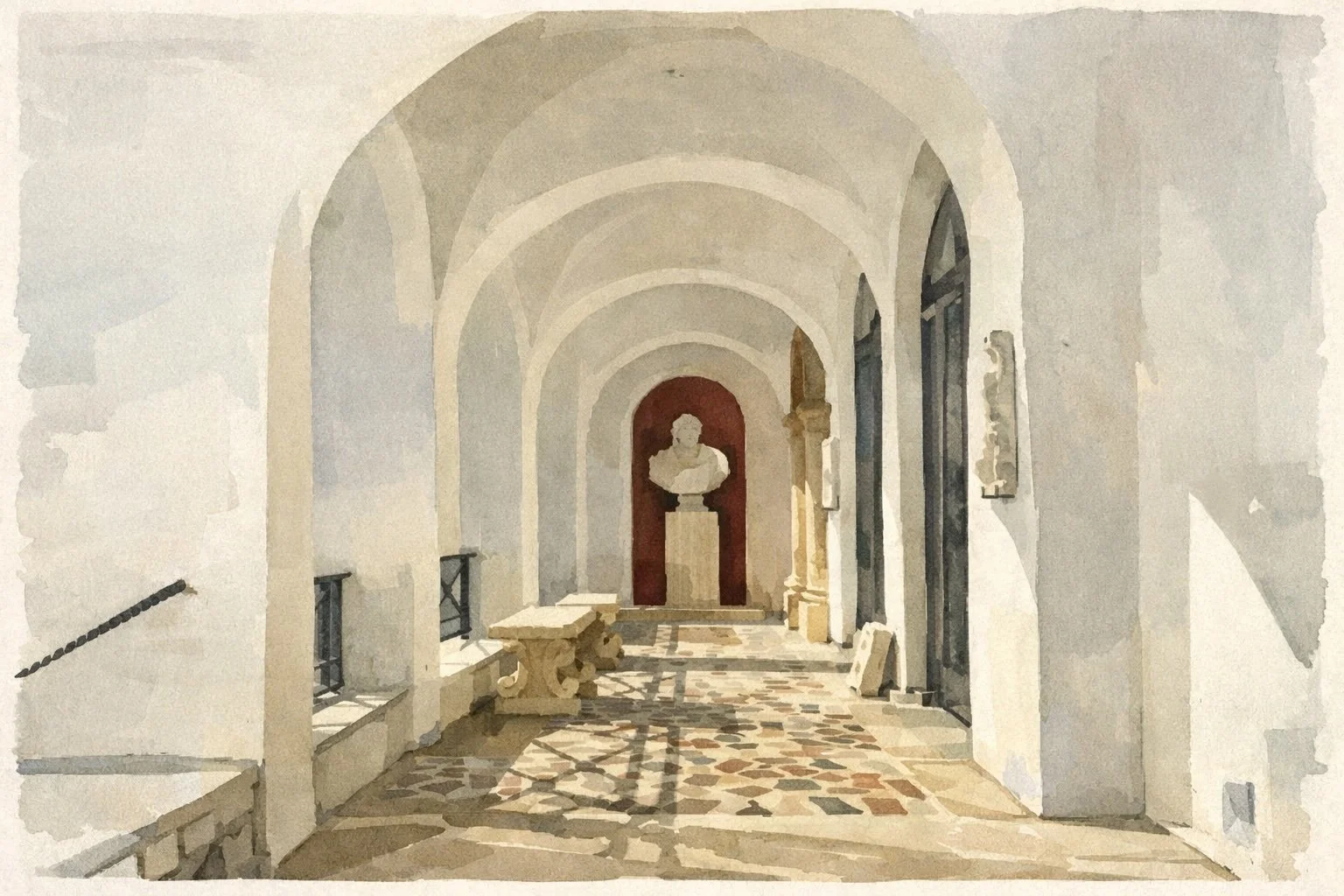 A covered hallway with arched ceilings, white walls, and large windows on the right side. There are bust sculptures and classical statues at the end of the corridor, with a patterned marble floor.