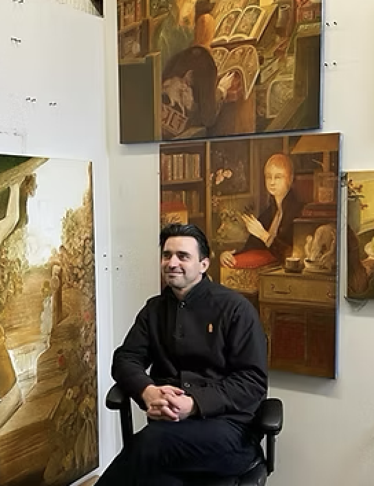 A man sitting in an art gallery surrounded by paintings, including a portrait of a young girl with a book and another of a person reading in a library.