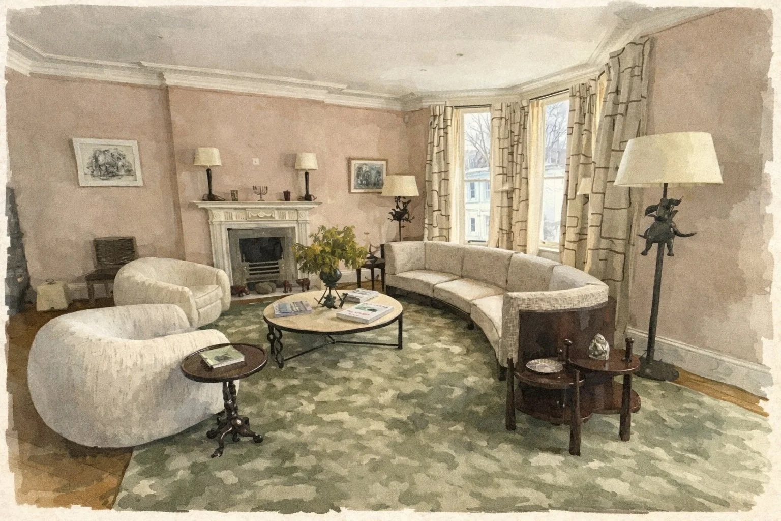 A living room with a fireplace, beige walls, and multiple windows with patterned curtains. There are two cream-colored armchairs, a curved beige sofa, various side tables, and a round central table with books and decorative items. Floor lamps and a large green patterned rug complete the cozy setting.