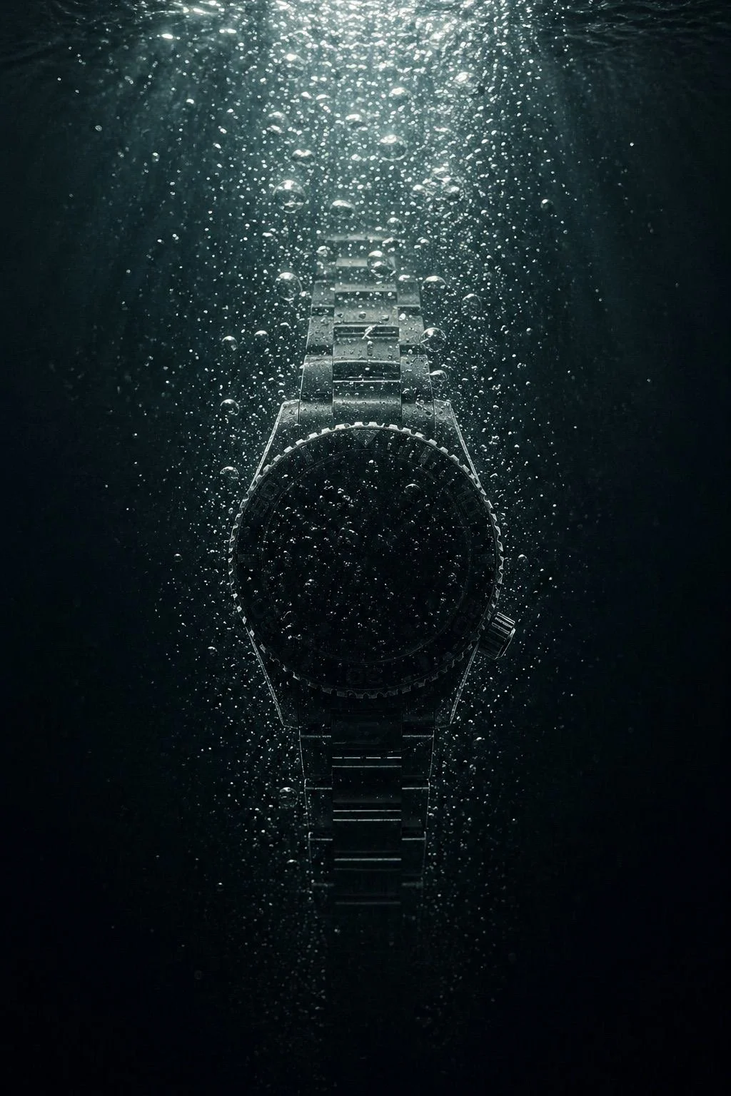 A wristwatch submerged underwater with bubbles surrounding it, viewed from above.
