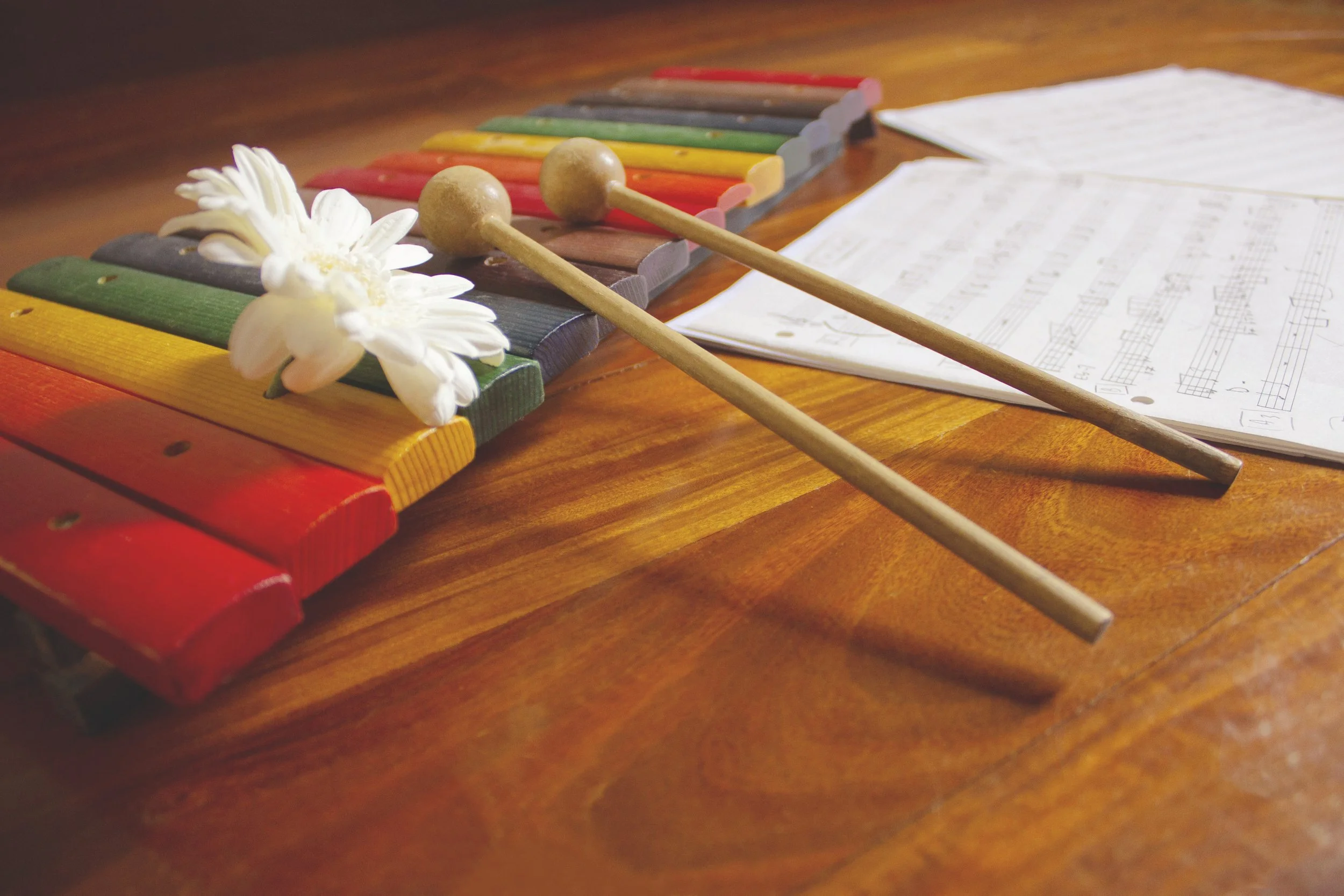 Partitura musicale con due bacchette di legno, una fiore bianco e sfondo in legno