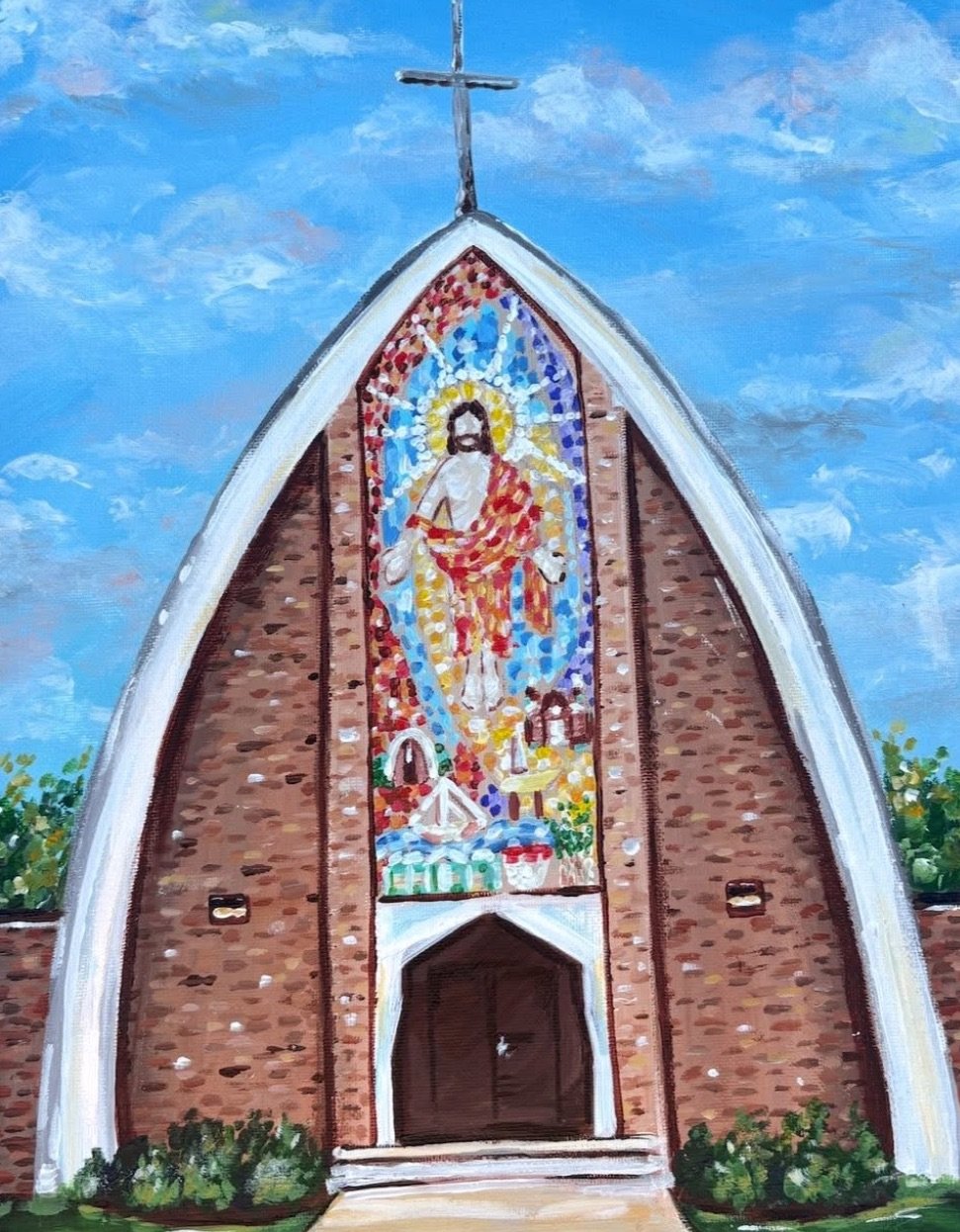 Painting of a church facade with a stained glass window depicting Jesus Christ, with a brick exterior, a dark wooden door, and a cross on top under a blue sky.