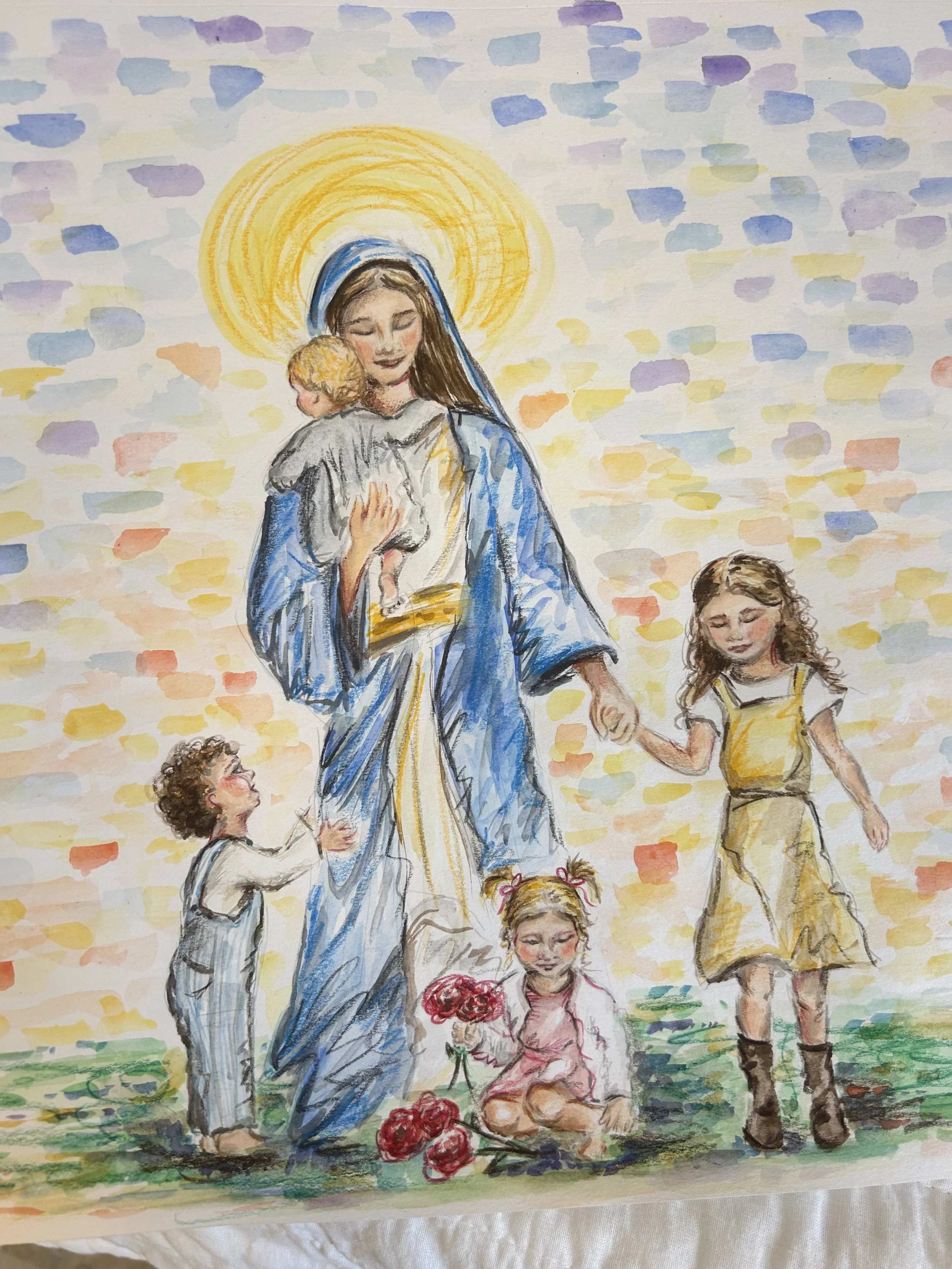 A colorful painting of Jesus Christ holding a young child, surrounded by four children, with a glowing halo behind Jesus and a pastel background.