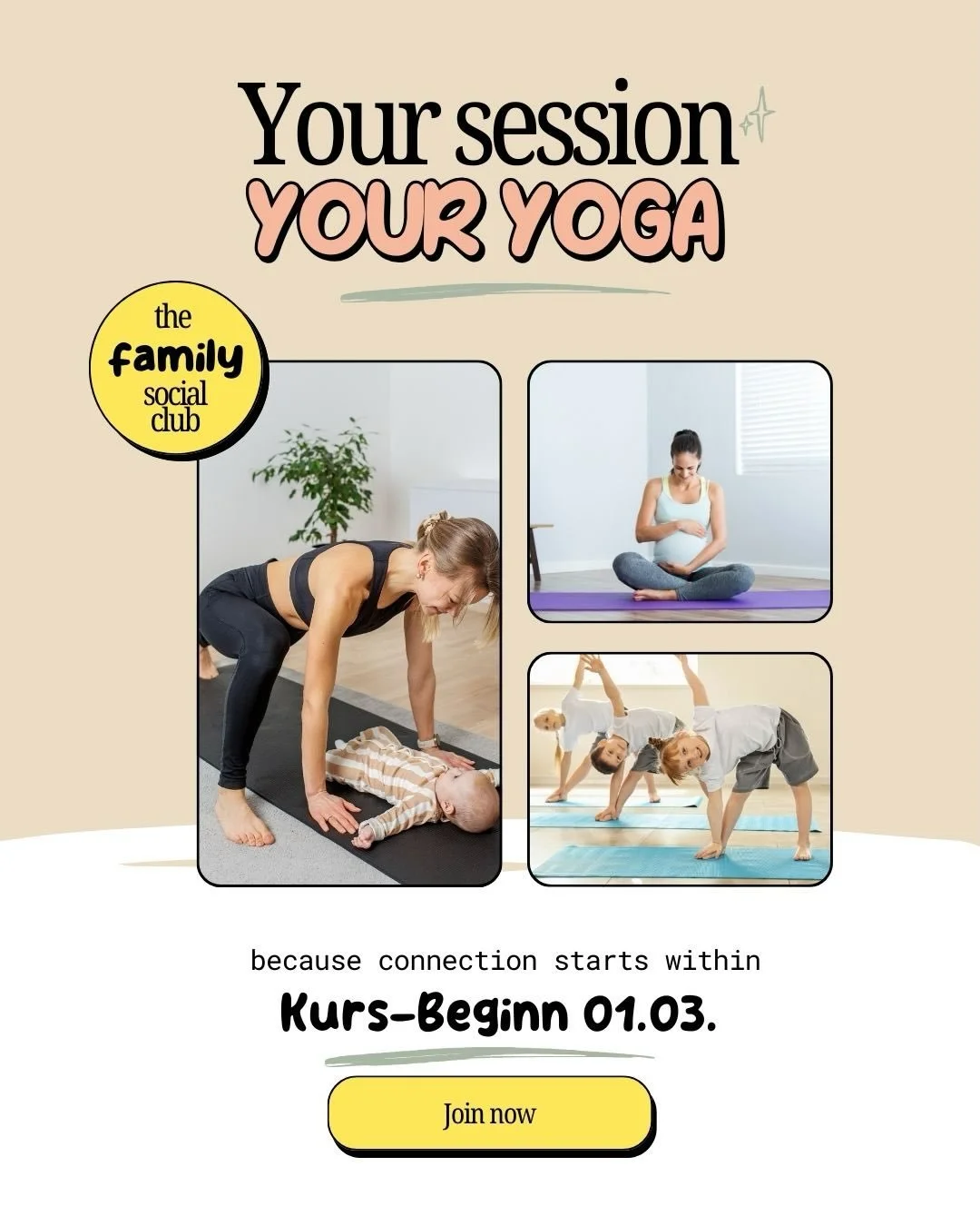 ✨ Your session. Your yoga. Your time. ✨

Ob Pr&auml;natal-Yoga, Mum-Yoga mit Baby (R&uuml;ckbildung &amp; Beckenboden) oder Eltern-Kind-Yoga &ndash; bei uns findest du den Raum f&uuml;r Bewegung, Verbindung und bewusste Auszeit im Familienalltag.

🤍