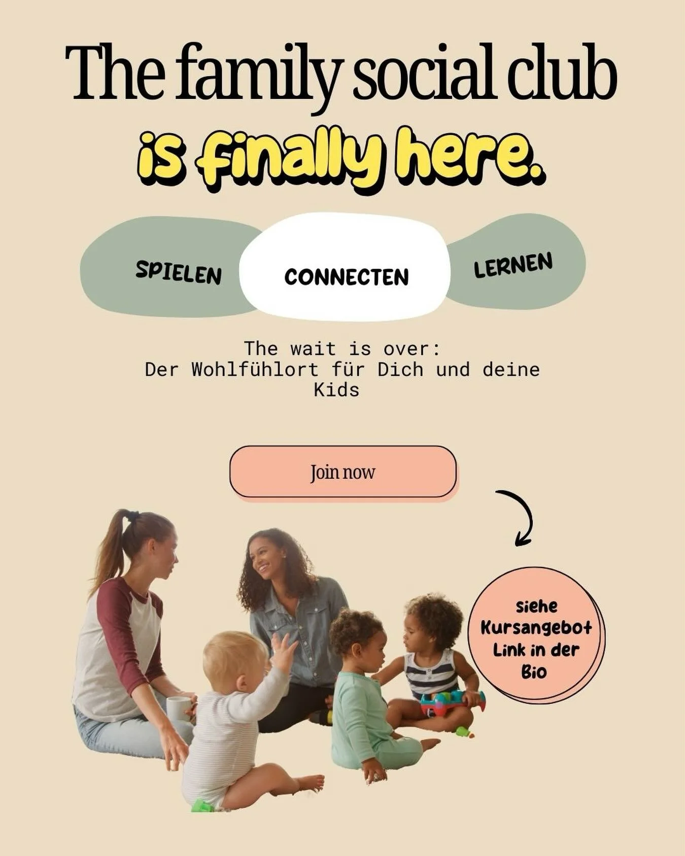 ✨ The family social club is finally here. ✨
The wait is over 🤍

Willkommen bei Socialy &ndash; dem Wohlf&uuml;hlort f&uuml;r dich und deine Kids.
Ein Raum zum
🧸 Spielen
🤍 Connecten
🌱 Lernen

Hier d&uuml;rfen Kinder in ihrem Tempo wachsen, soziale