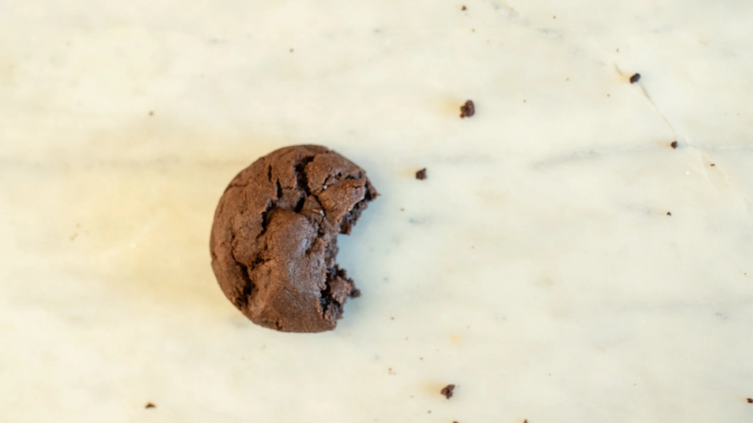 Half-eaten chocolate cookie with crumbs on a light surface.