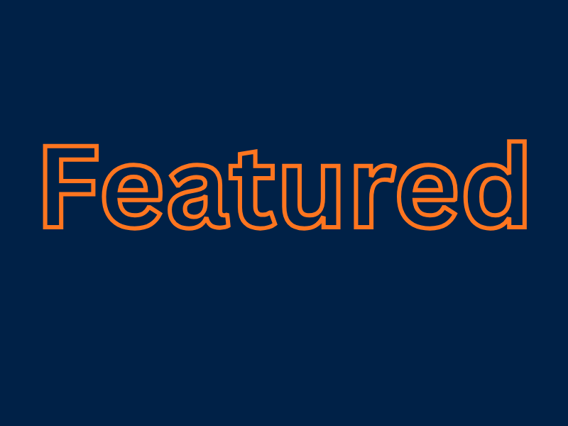 The word 'Featured' in orange outlined text on a dark blue background.