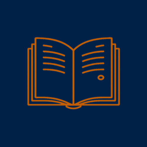 Icon of an open book with lines representing text, on a dark blue background
