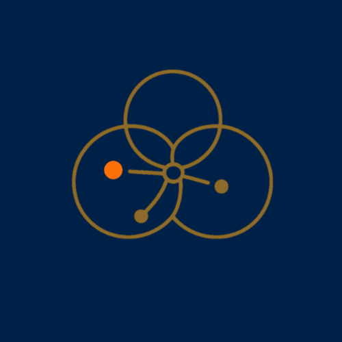 Graphic with overlapping circles and lines against a dark blue background, featuring a red dot, a yellow dot, and a brown dot connected by lines.