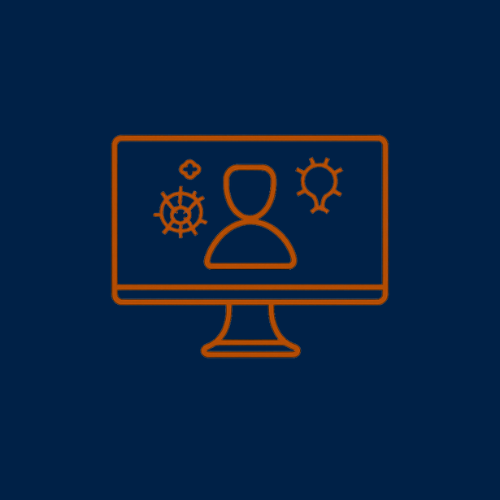 Computer monitor with a person icon and gear symbols on the screen, representing tech support or IT services.