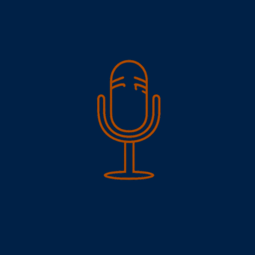 Line drawing of a vintage microphone on a dark blue background.