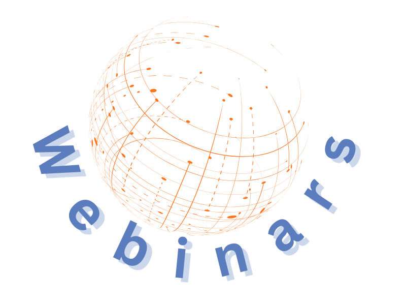 A digital illustration of an orange wireframe globe with curved grid lines, surrounded by blue 3D text spelling 'Webinar' in a circular arrangement.