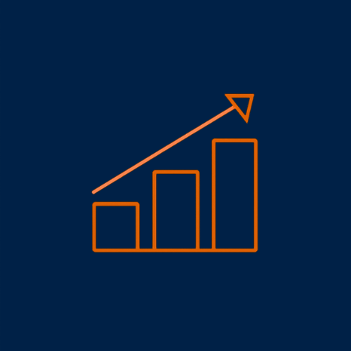 An upward trending bar chart with three orange bars and an arrow pointing upward.