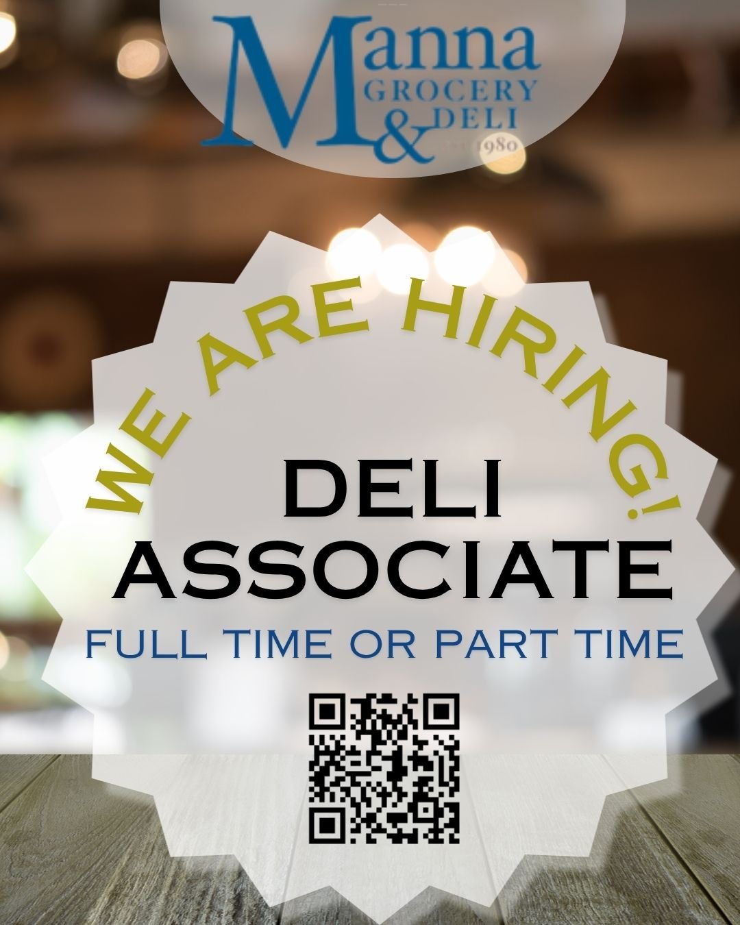We're hiring! Full or Part Time position in the Manna Deli.
Visit the store to pick up an application, and drop off applications in store. More details via QR code or at mannagrocery.com/employment

#tuscaloosa #TuscaloosaJobs #TuscaloosaHiring #Mann