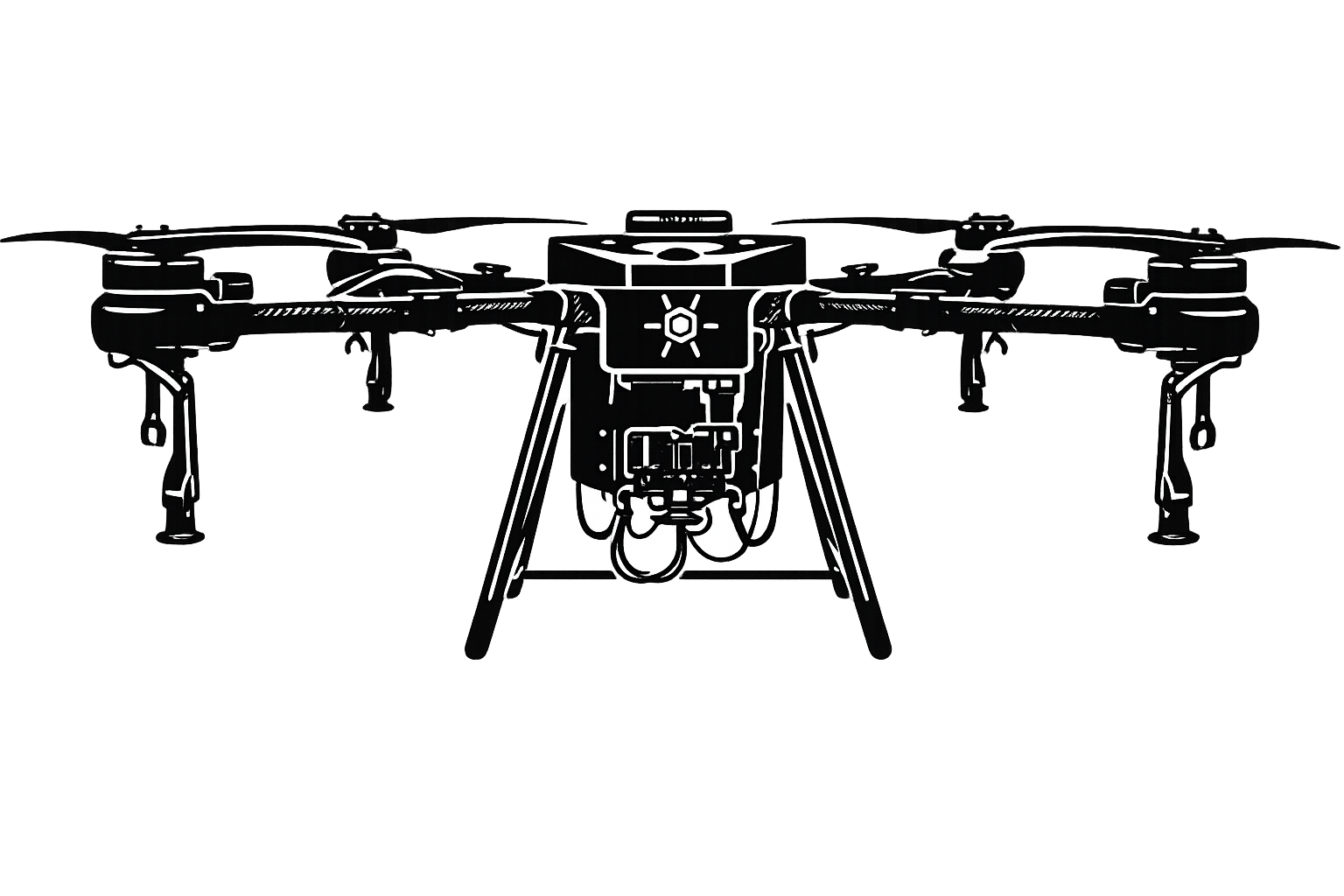 Agricultural spray drone with propellers and mounted system for precision aerial spraying and land management.