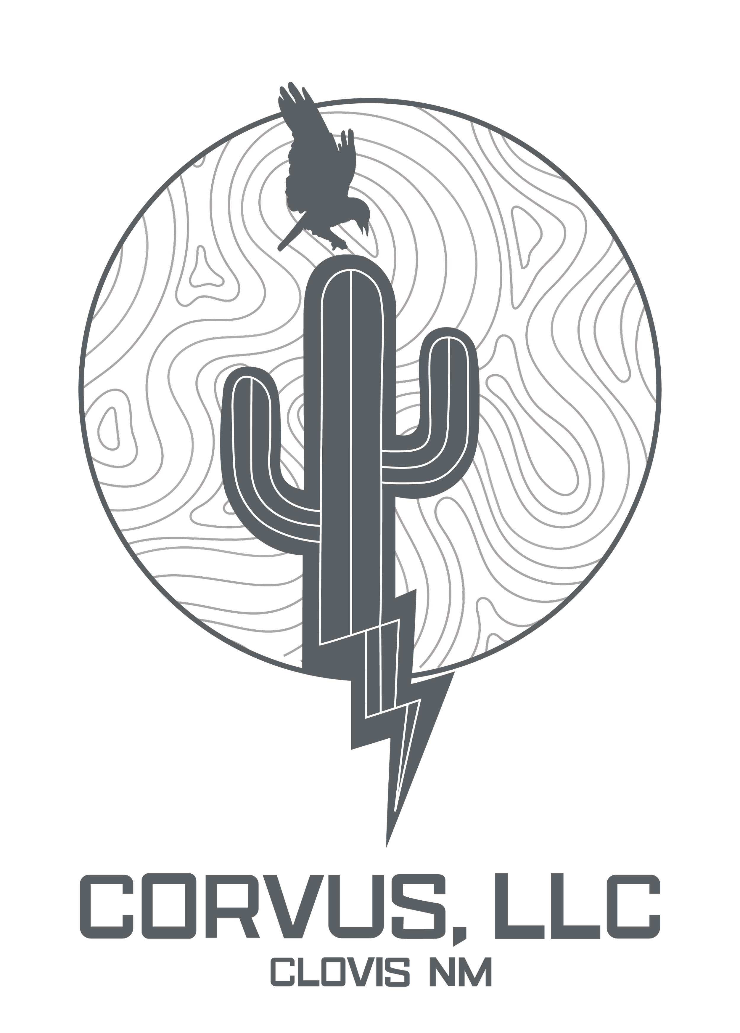 Corvus LLC logo featuring a bird, cactus, and topographic map representing New Mexico aerial services and helicopter operations.