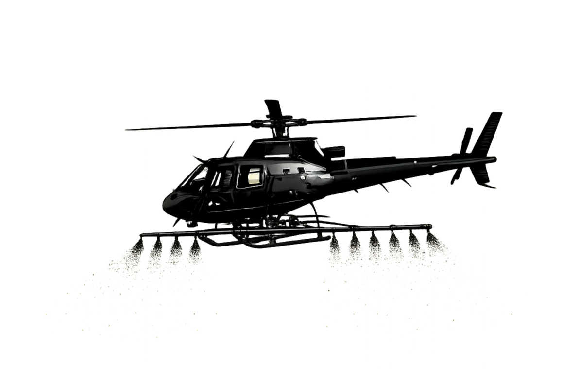 Black spray helicopter in flight used for aerial application, vegetation management, and herbicide spraying services.