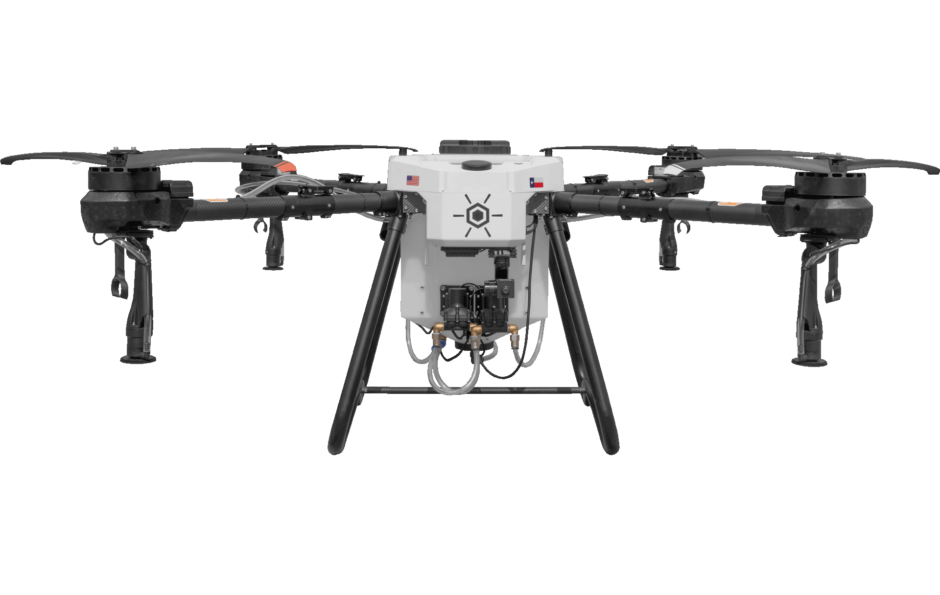 Commercial quadcopter drone used for aerial spraying, mapping, inspection, and precision field operations.