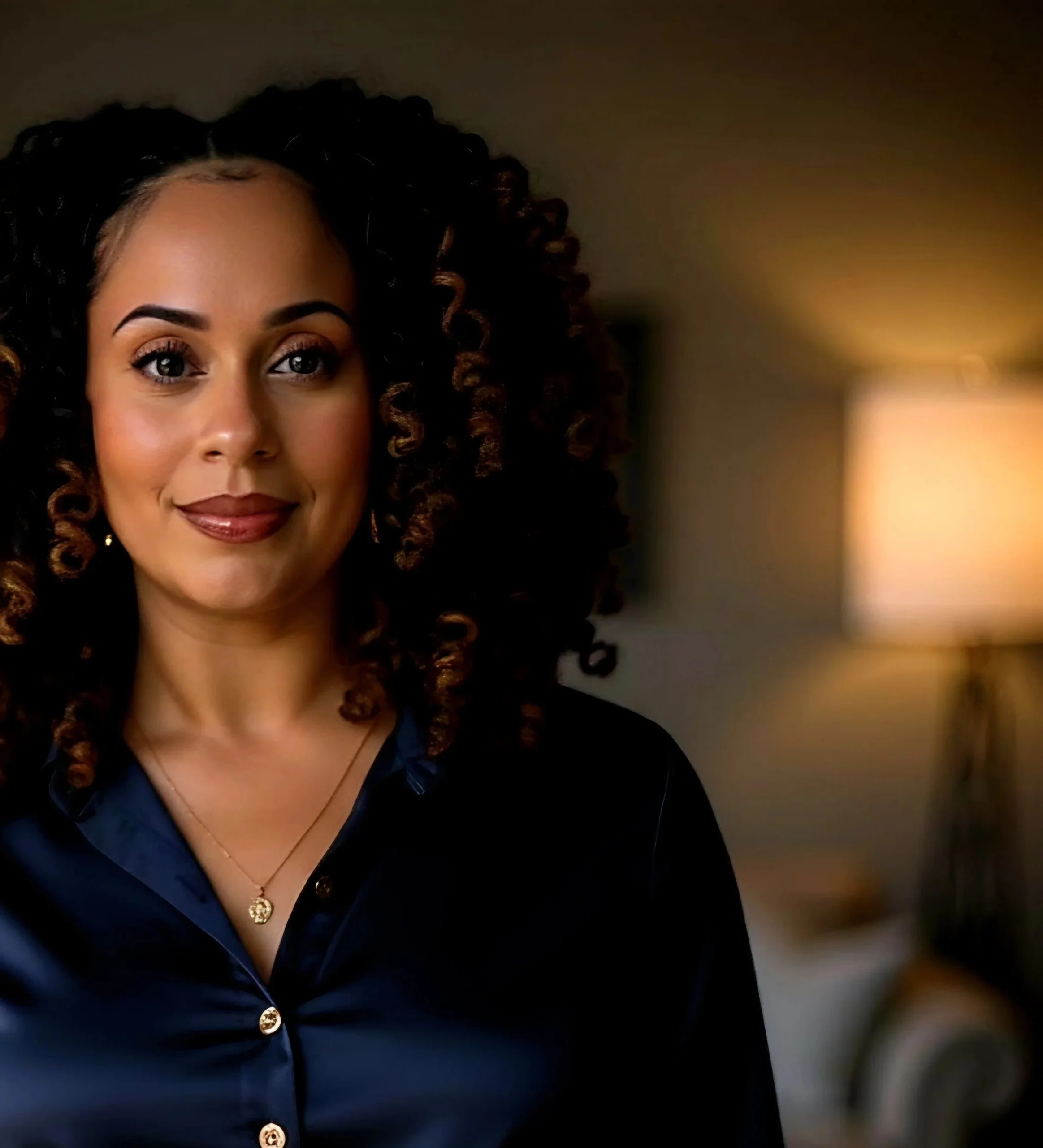 Portrait of a woman with curled locs, wearing a black top and a gold necklace, in a warmly lit room.