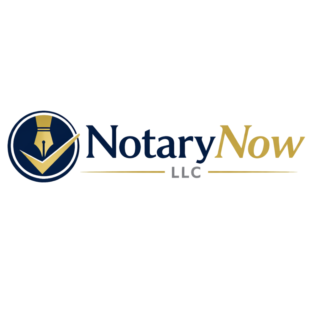 Logo with a clock and pencil icon, and the text 'Notary Now' in blue and gold colors.