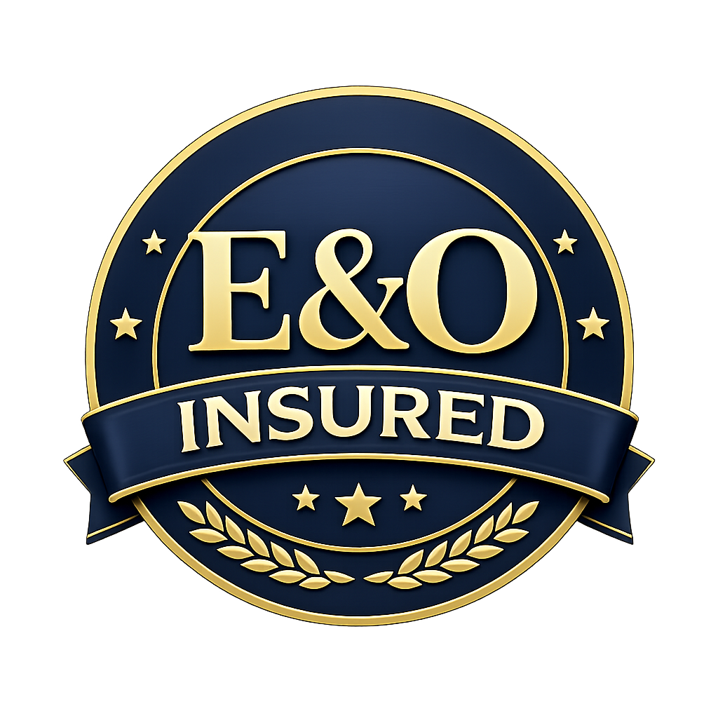 A circular badge with a navy blue background and gold border, displaying the text 'E&O Insured' with stars and laurel leaves decorative elements.