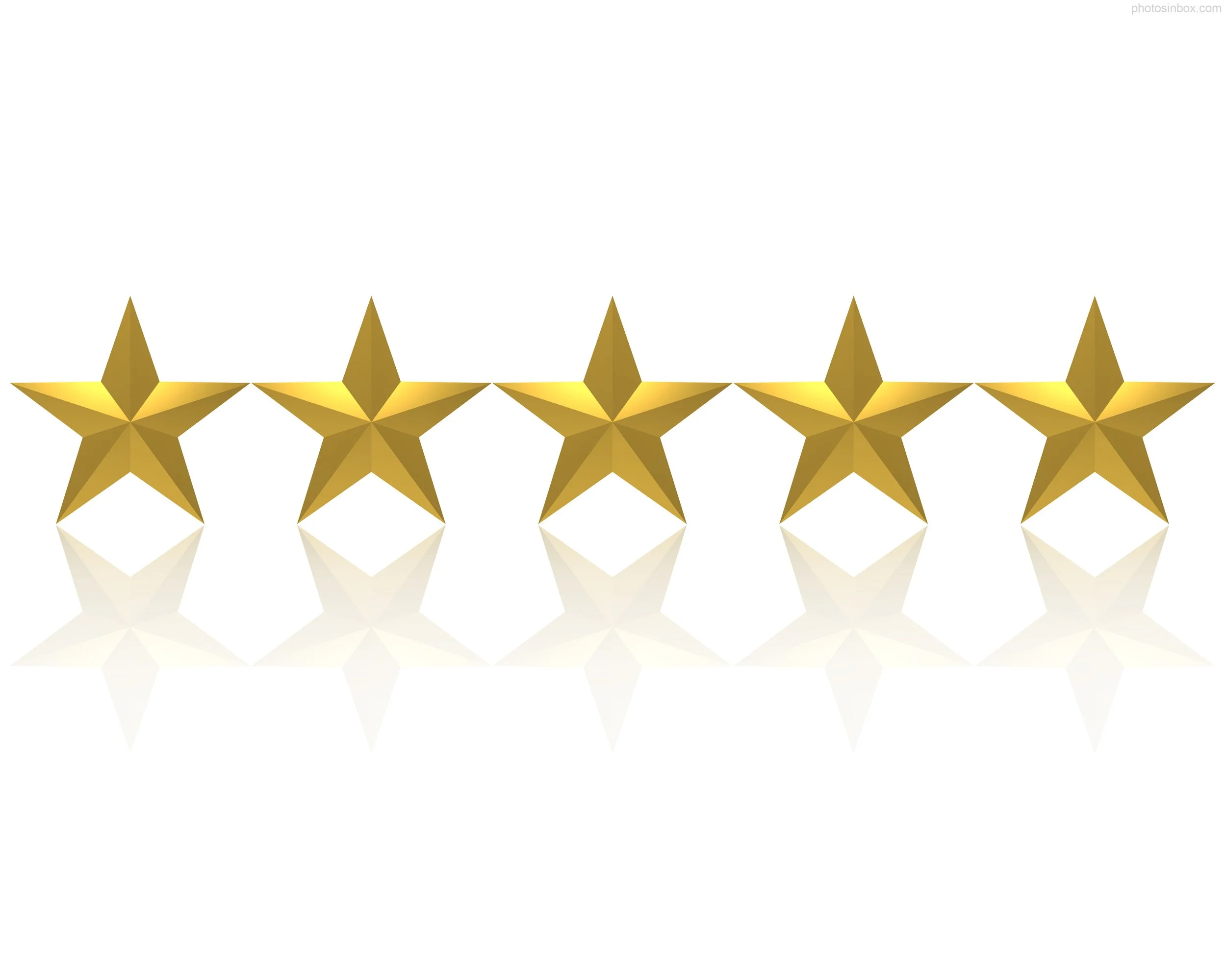 Five gold stars aligned horizontally with reflections below against a white background.