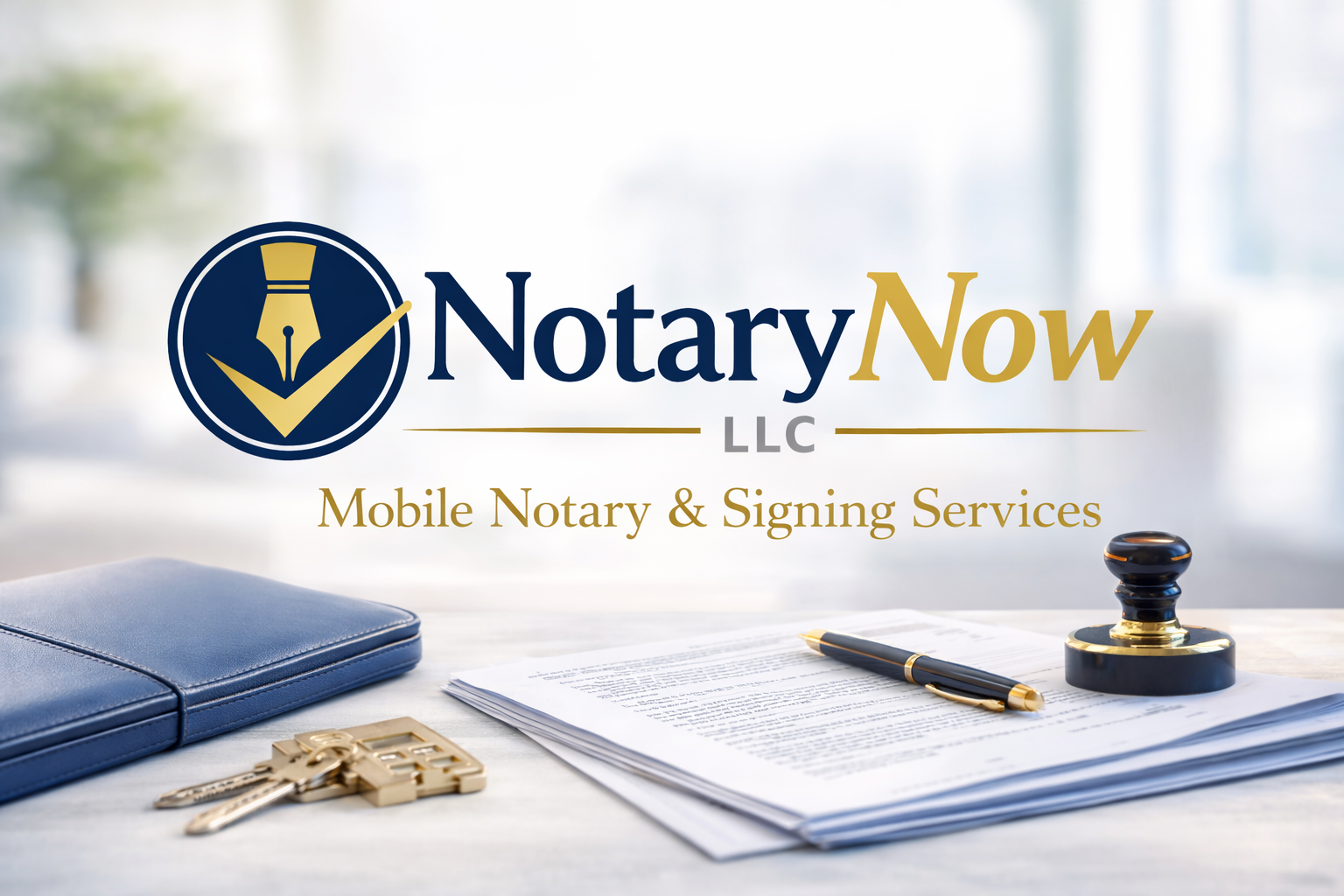 Business logo for NotaryNow LLC with a pen, keys, and legal documents on a desk.