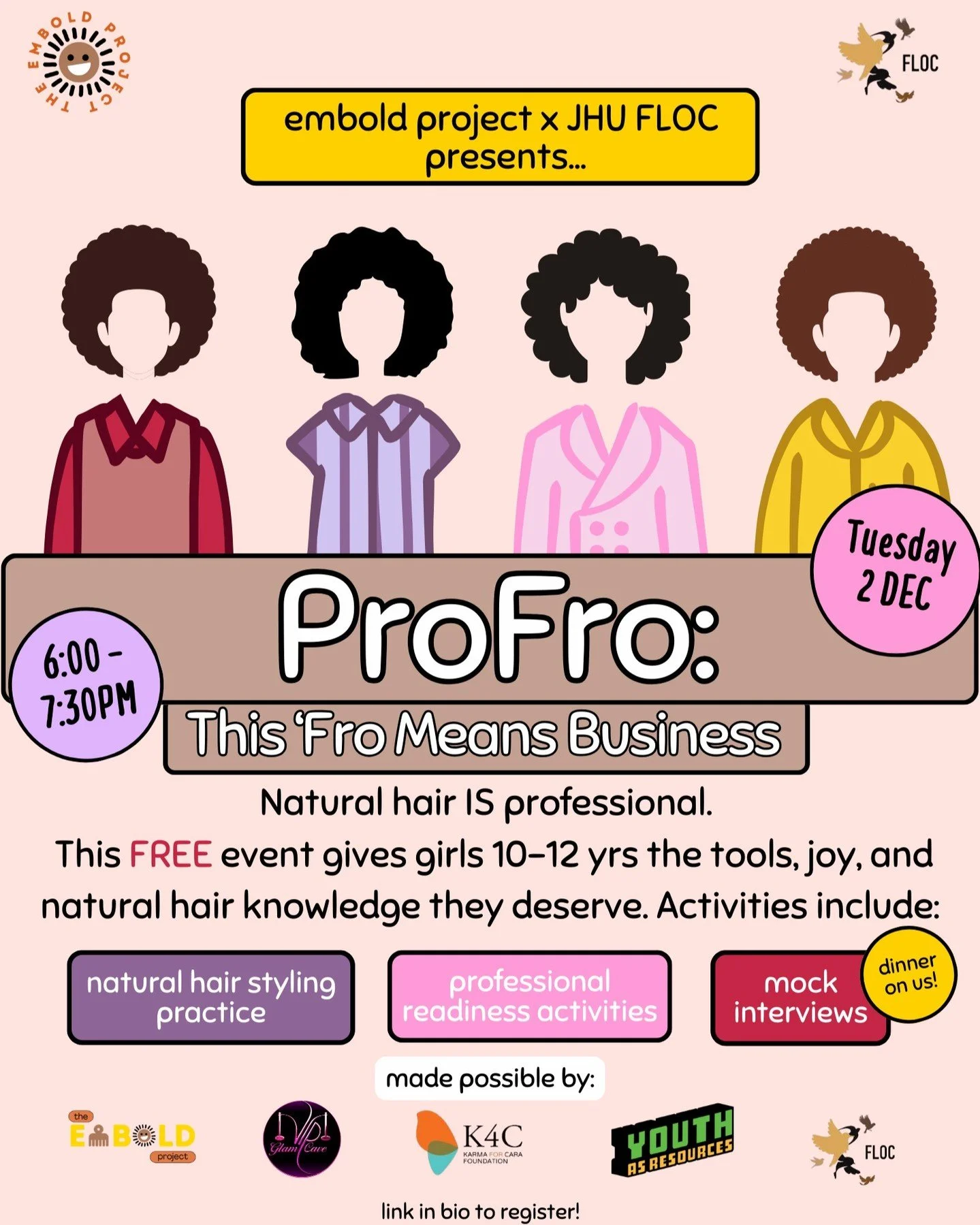 We're excited to announce:
📢 ProFro: This &rsquo;Fro Means Business
📅 Tues, Dec 2
⏰ 6&ndash;7:30PM
📍Hosted at the Imagine Center for Integrative Learning and Life Design (@lifedesignlabjhu)

This free event is for girls 10&ndash;12 who deserve to 