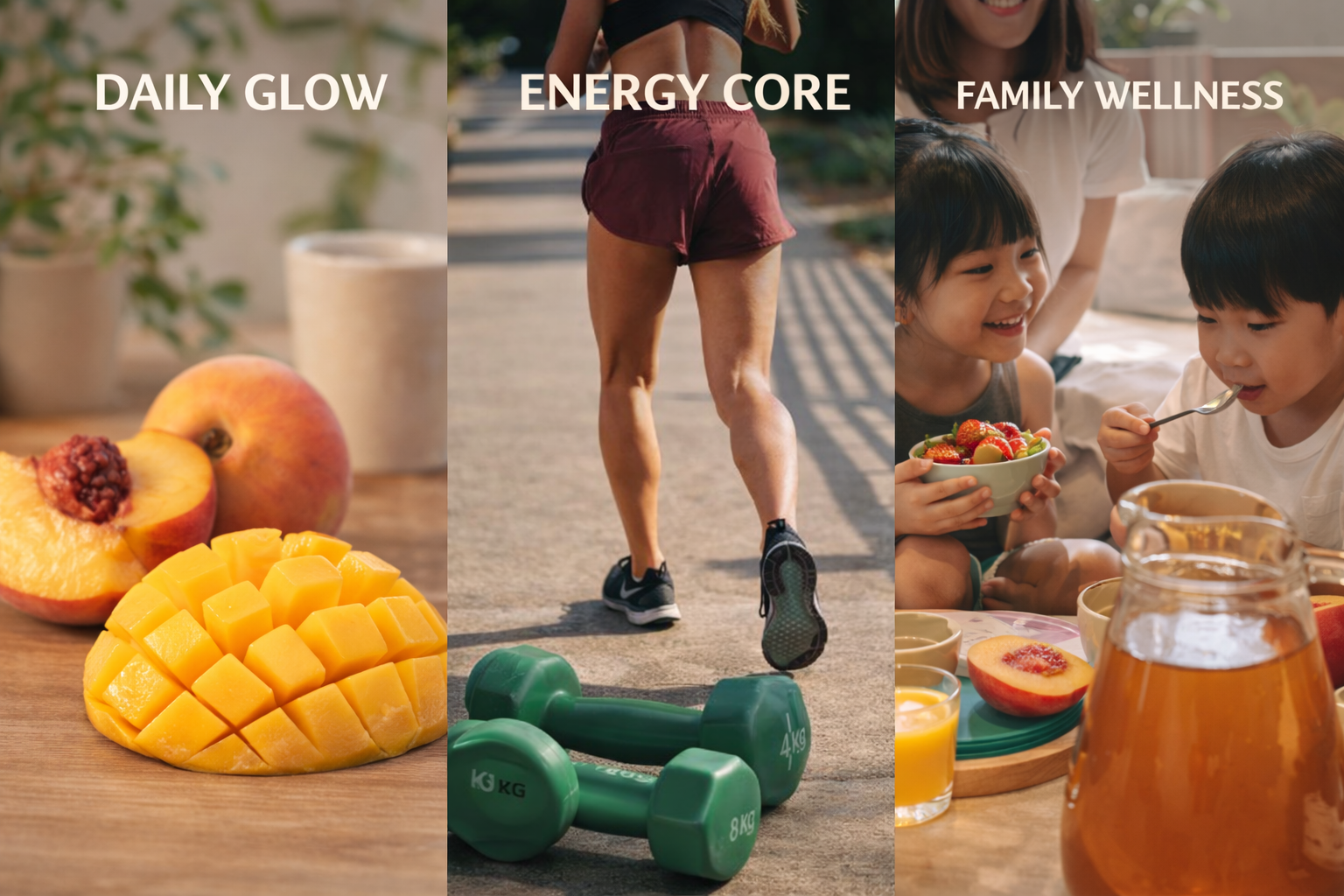 A collage showing healthy lifestyle activities: fresh peaches and mango for daily glow, a woman running outdoors for energy core, and children enjoying breakfast with fruit for family wellness.