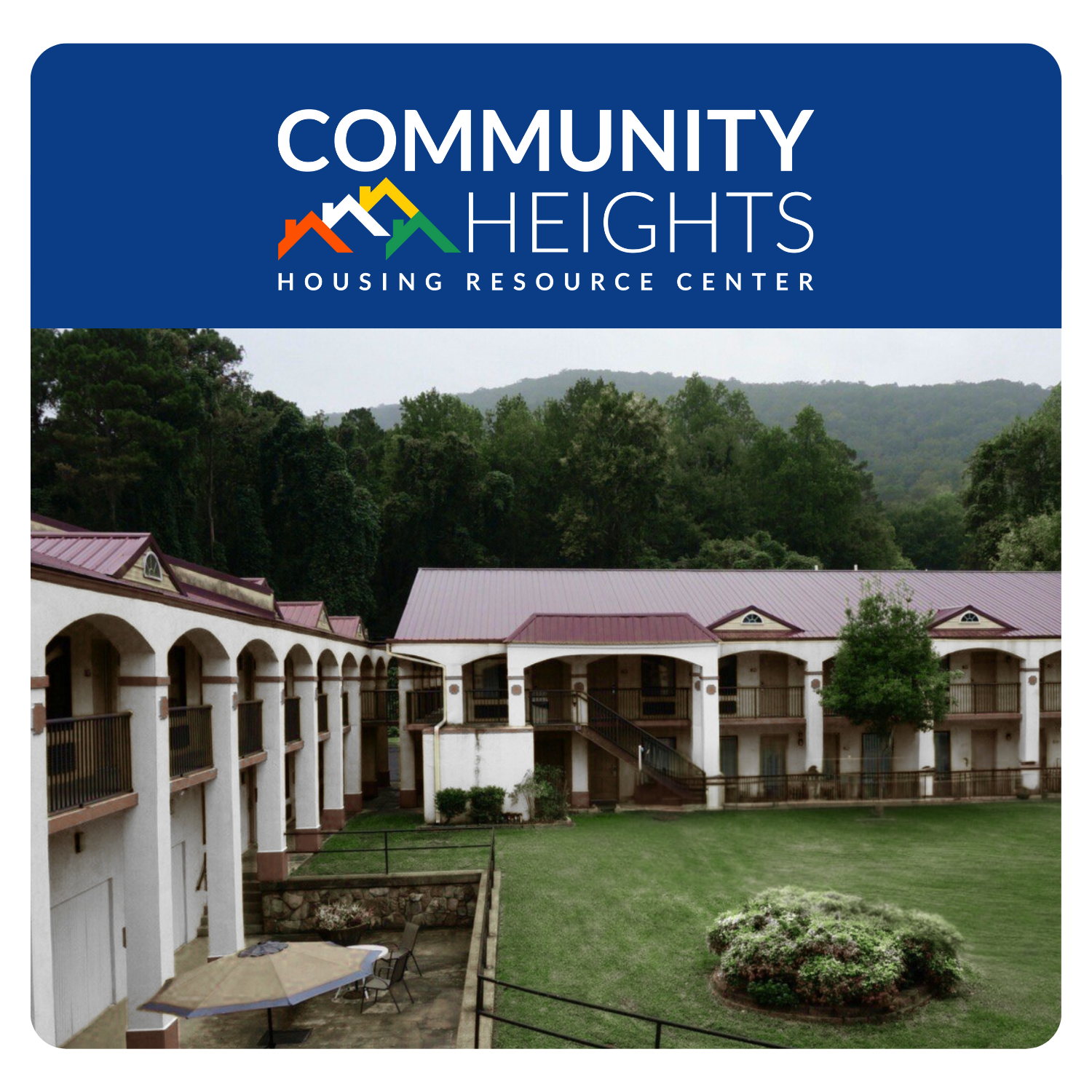 Cover of a brochure or sign for Community Heights Housing Resource Center, showing a courtyard with green grass, a patio with an umbrella, trees, buildings with balconies, and a wooded mountain background.