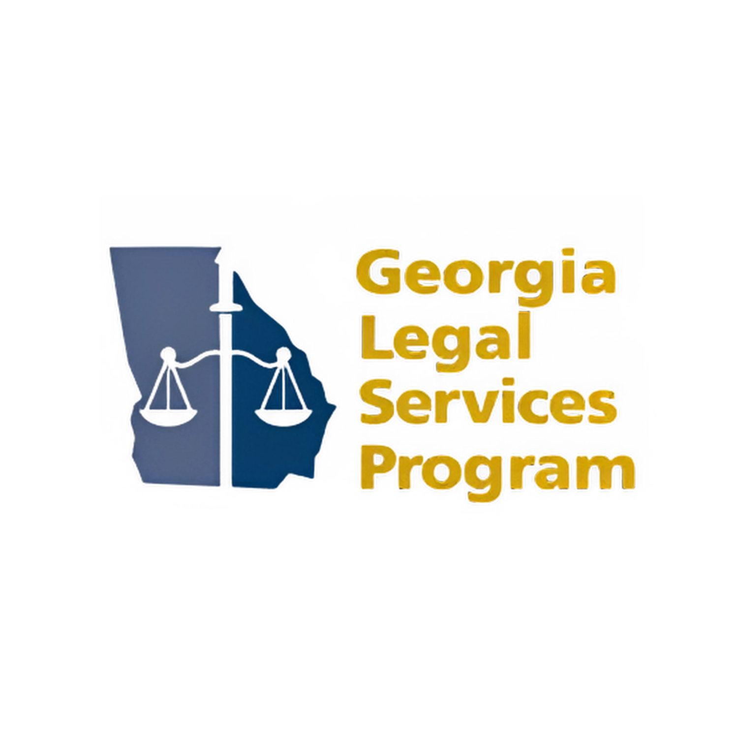 Logo for Georgia Legal Services Program featuring a blue outline of the state of Georgia with a white scale of justice in the center and gold text reading 'Georgia Legal Services Program'.