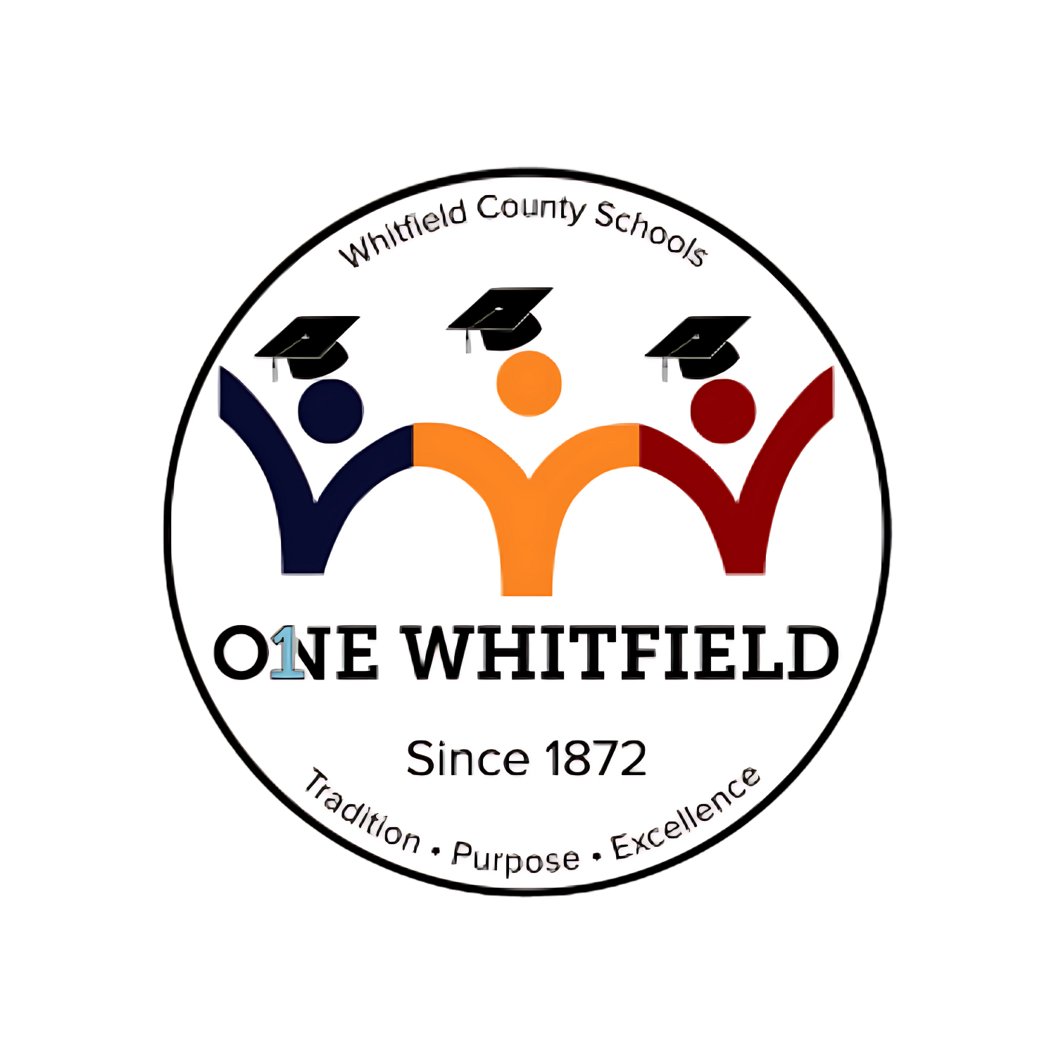 Logo of Whitfield County Schools featuring three stylized human figures in blue, orange, and red wearing graduation caps, with text indicating "One Whitfield," "Since 1872," and the school's values of "Tradition, Purpose, Excellence."