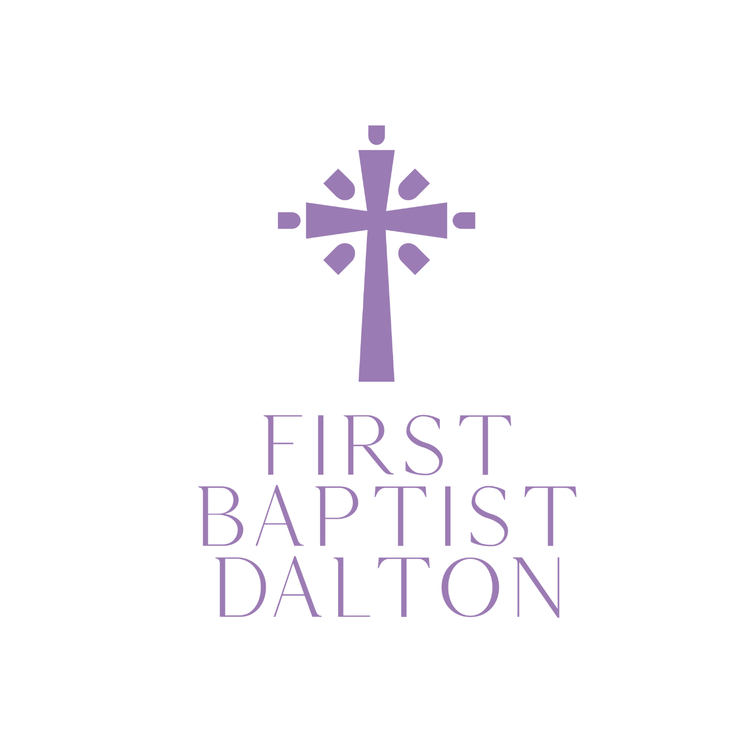 Logo of First Baptist Dalton featuring a stylized purple cross with radiating lines and the text 'First Baptist Dalton' beneath it, all on a white circular background.