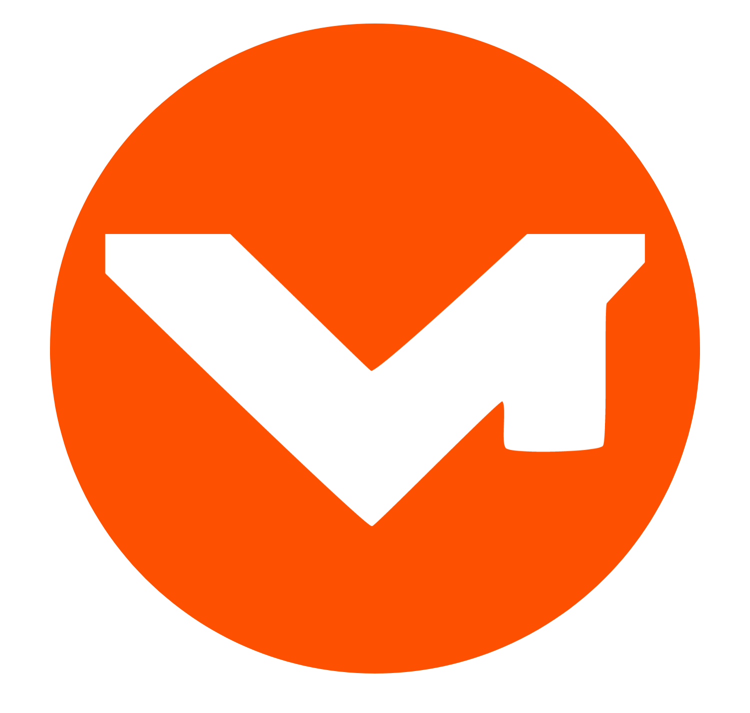 Orange circle with a white downward-pointing arrow that is shaped like an abstract house.