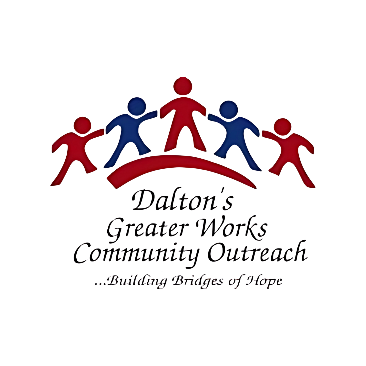 Logo for Dalton's Greater Works Community Outreach featuring five stylized human figures holding hands above a bridge, with the tagline 'Building Bridges of Hope'.