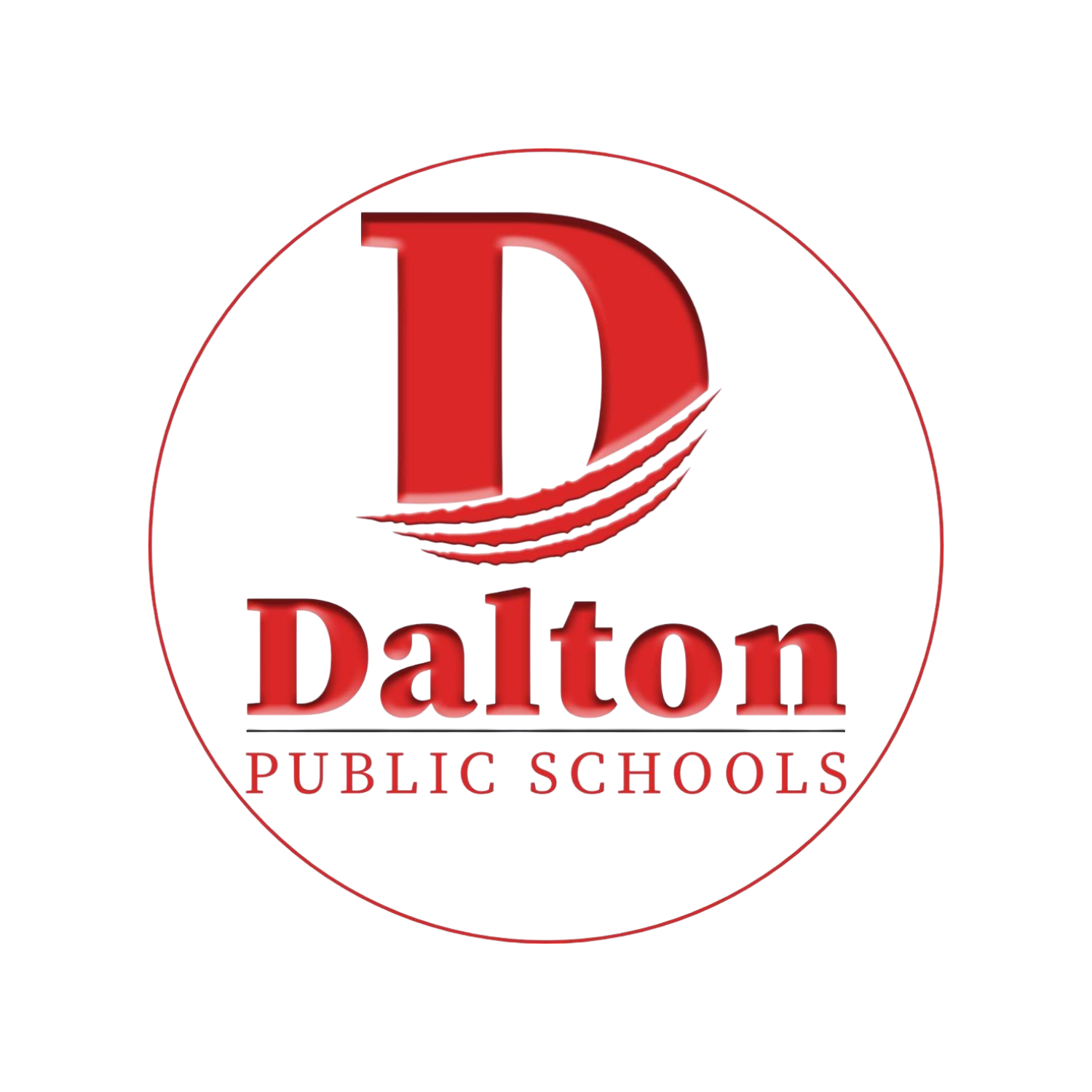 Dalton Public Schools logo featuring a large red letter 'D' with three curved lines below, the word 'Dalton' in bold red letters, and 'Public Schools' in smaller red text underneath, all on a white circular background.