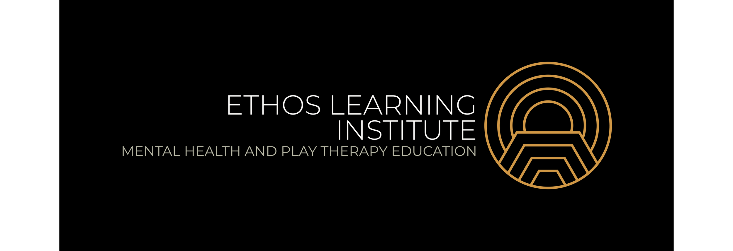 Logo for Ethos Learning Institute with a stylized gold and black circular geometric design and the text 'ETHOS LEARNING INSTITUTE' and 'MENTAL HEALTH AND PLAY THERAPY EDUCATION'.