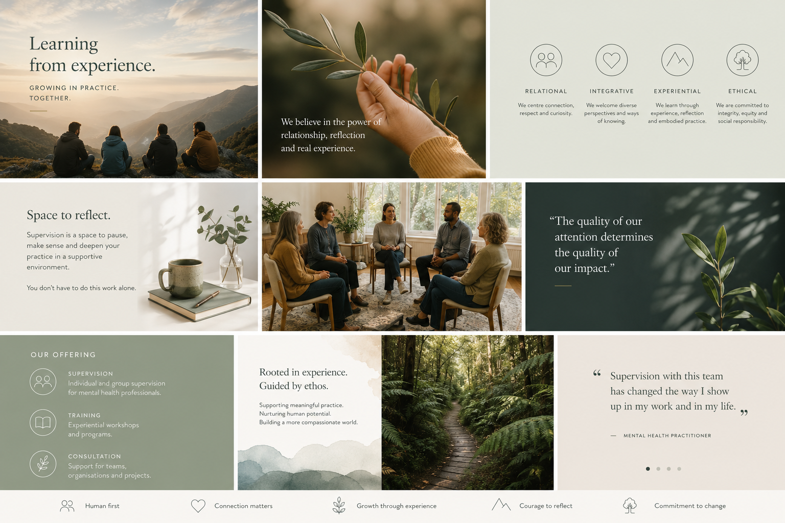 A collage of images and text related to personal growth, reflection, and teamwork. Features include people sitting outdoors, a hand holding an olive branch, a group engaged in discussion, forest path, and various quotes on reflection and the importance of supervision and connection.