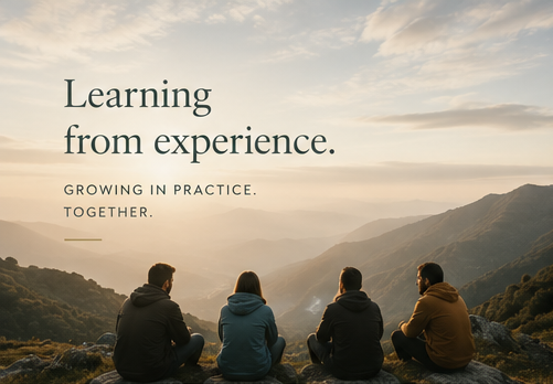 Four people sitting outdoors on a hill overlooking mountains, with a cloudy sky in the background and a quote about learning from experience.