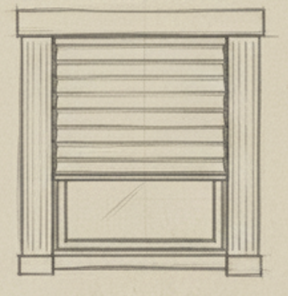A sketch of a window with horizontal blinds, flanked by decorative columns and topped with a tray-like window sill.