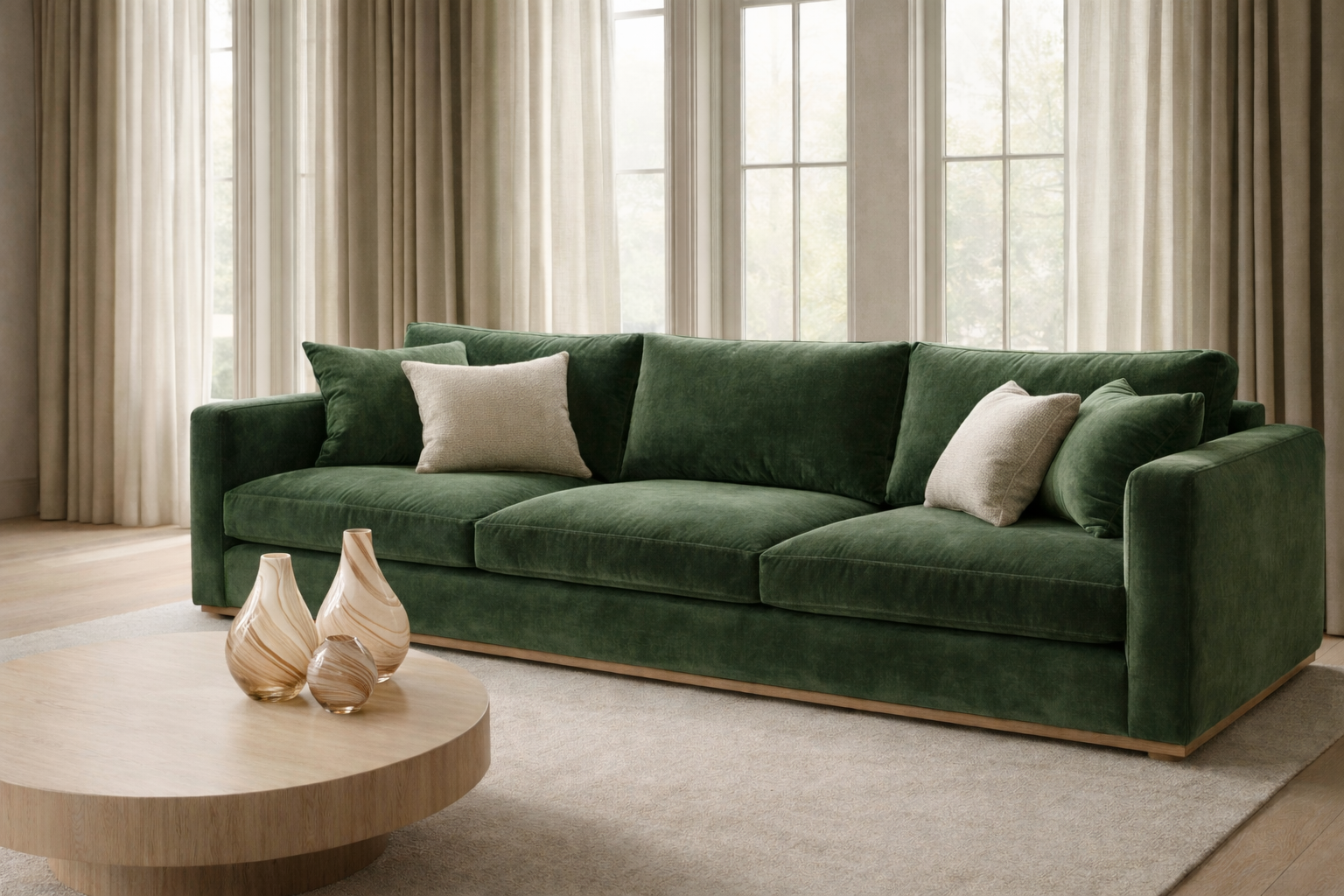 Green velvet sofa with beige pillows in a bright living room with large windows and beige curtains.