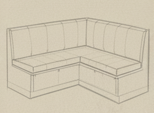 Sketch of a L-shaped built-in corner sofa with cushions.