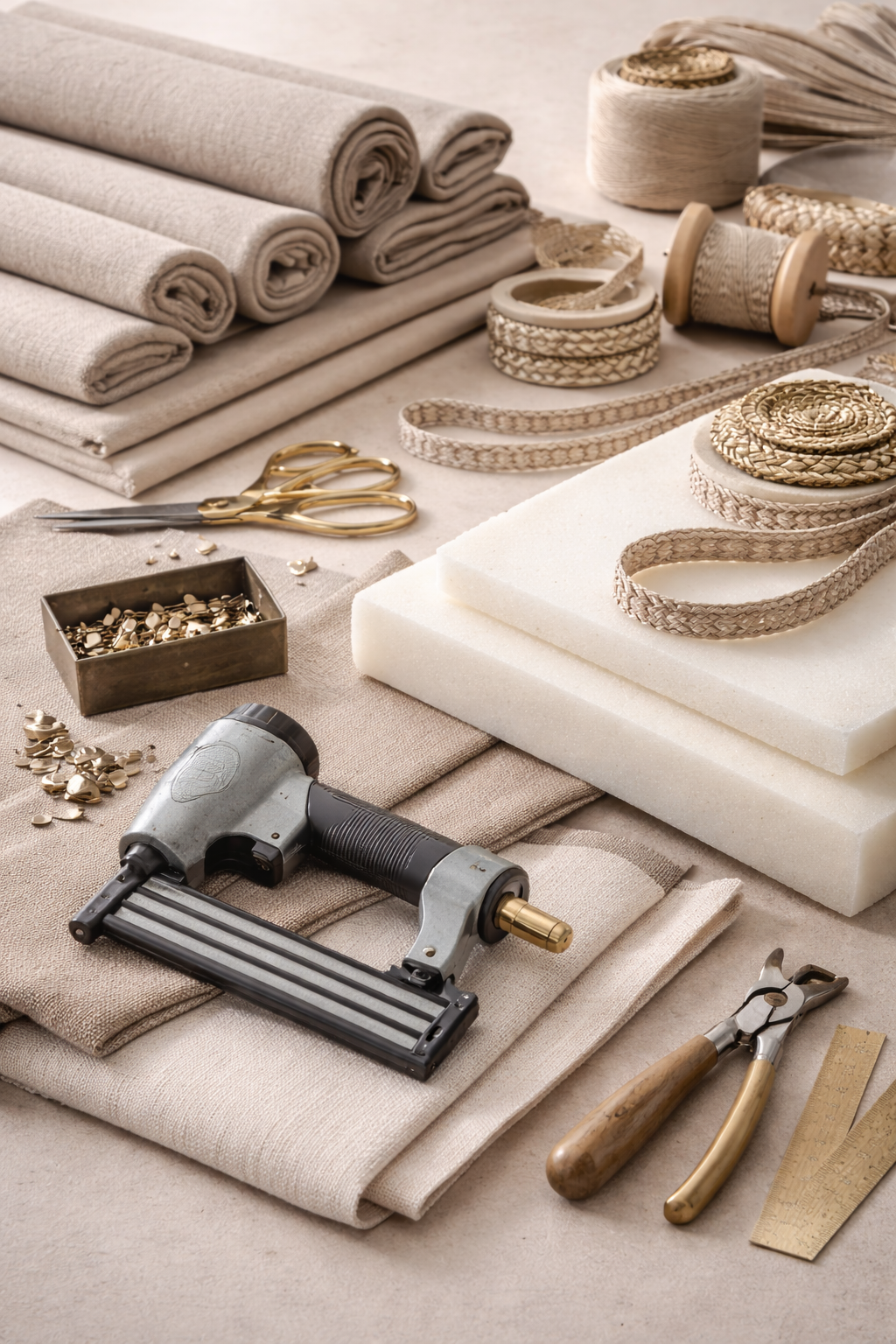 Crafting materials including rolled fabrics, foam blocks, brass hardware, scissors, a staple gun, pliers, a ruler, and various braided and rolled cords, arranged on a workspace.