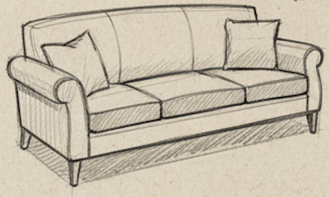 Hand-drawn sketch of a sofa with two pillows.