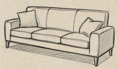 Sketch of a sofa with two throw pillows.